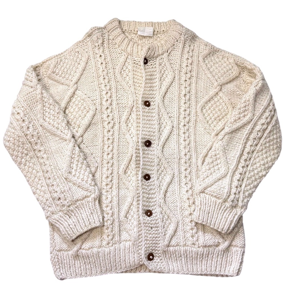 MONKEY BUSINESS Mens Cream 100% Wool Cable Knit Cardigan Sweater Handmade‎ -L/XL